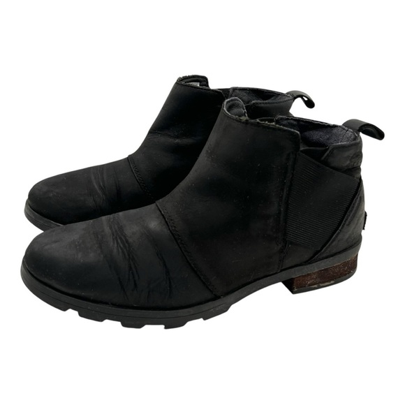 Sorel Emelie Black Leather Waterproof Winter Ankle Chelsea Boots Women’s 9 - Picture 1 of 12